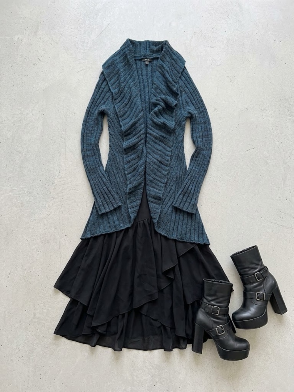 Whimsigoth Chunky Knit Open Drape Cardigan Sweater | Teal Blue Navy